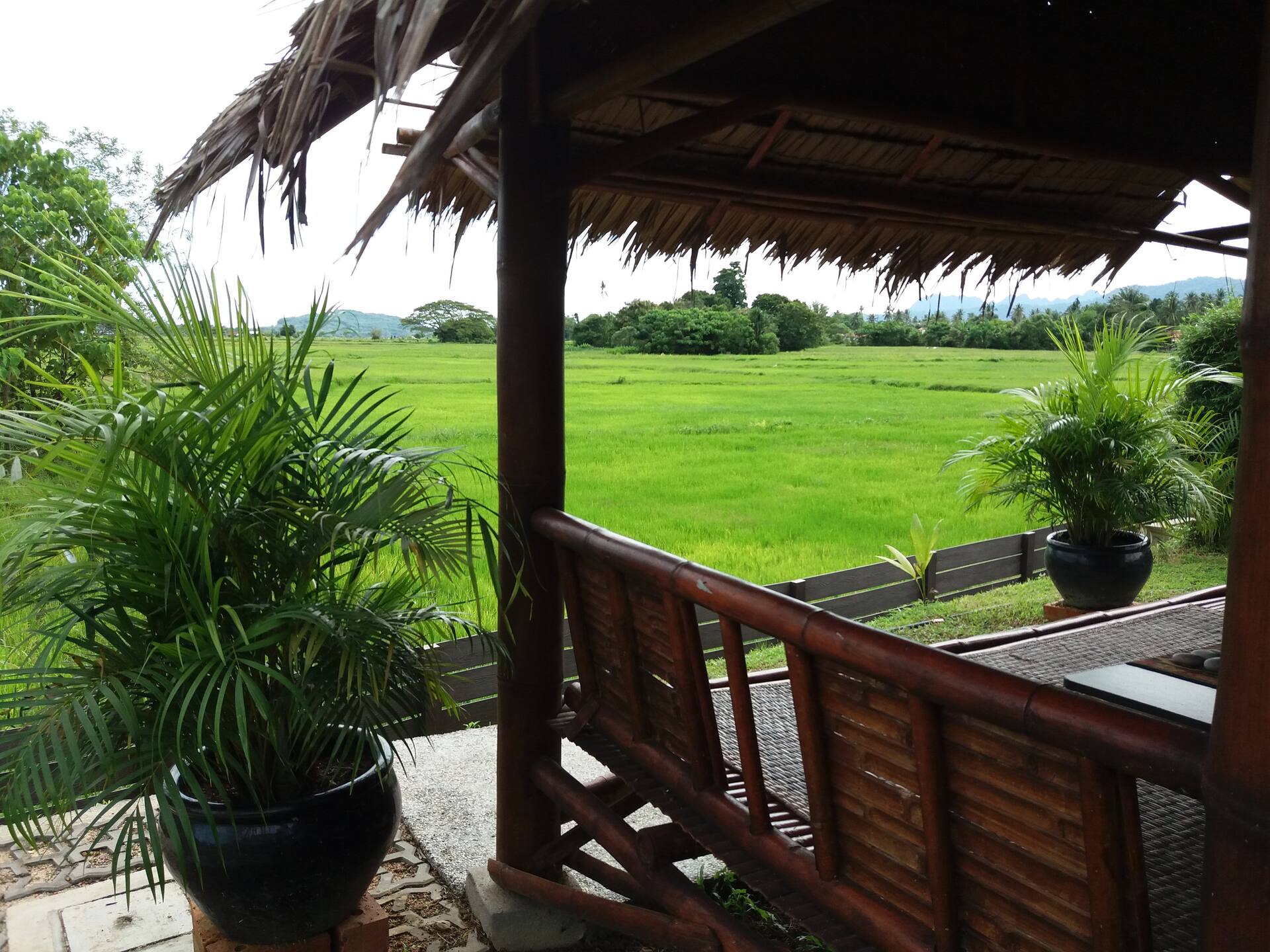 Sunset Bambu Villa balcony overlooking the rice paddies