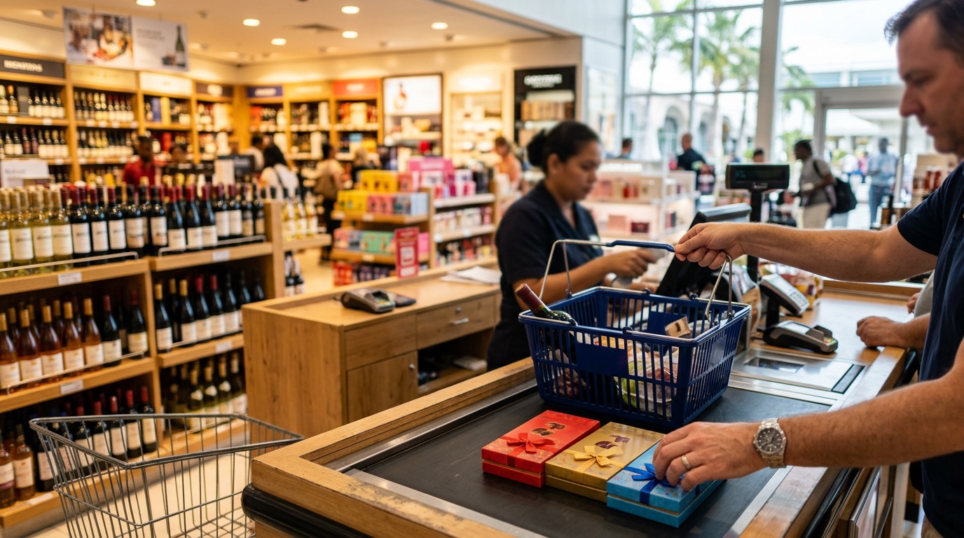 Illustrative scene of duty-free chocolates and shopping at a checkout counter, tropical retail mood
