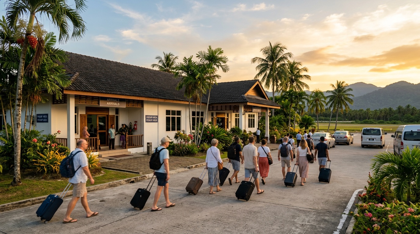 Illustrative small tropical airport terminal with travelers, evocative of Langkawi