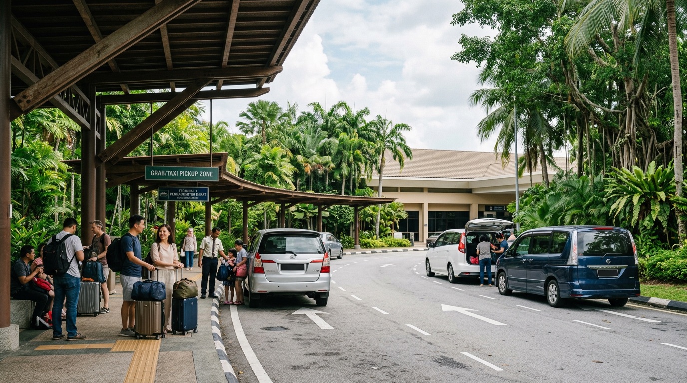Illustrative airport curb pickup lane with cars, evocative of tropical island arrivals