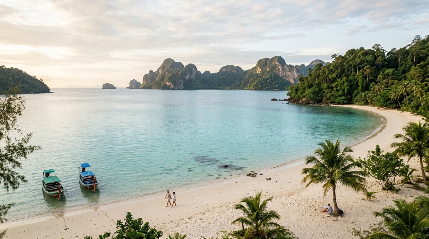 Illustrative calm north-facing bay with distant limestone islets, evocative of Langkawi