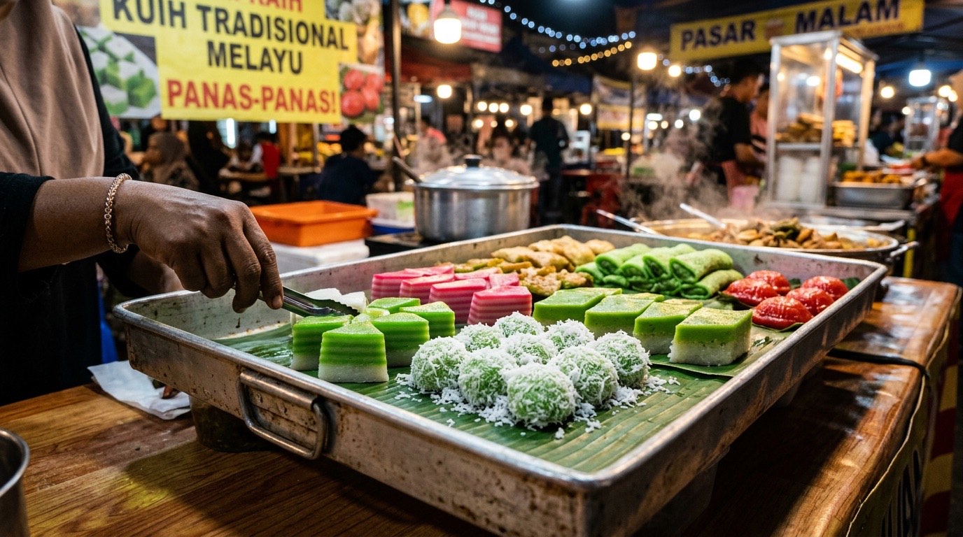 Illustrative tray of colourful Malay kuih and sweets at a market stall