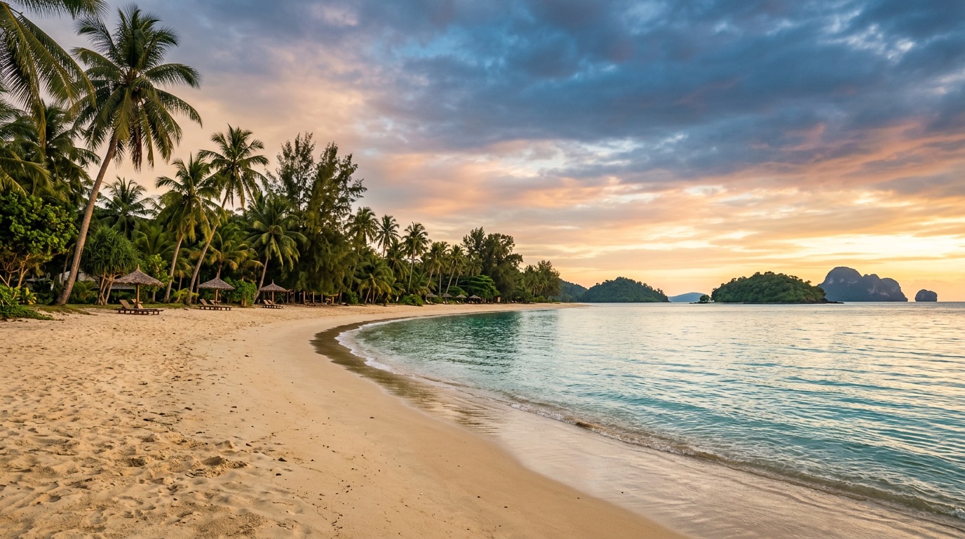 Illustrative calm tropical beach at golden hour, evocative of southwest Langkawi