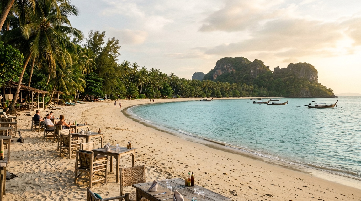 Illustrative curved quiet tropical shoreline with palms, evocative of Langkawi southwest coast