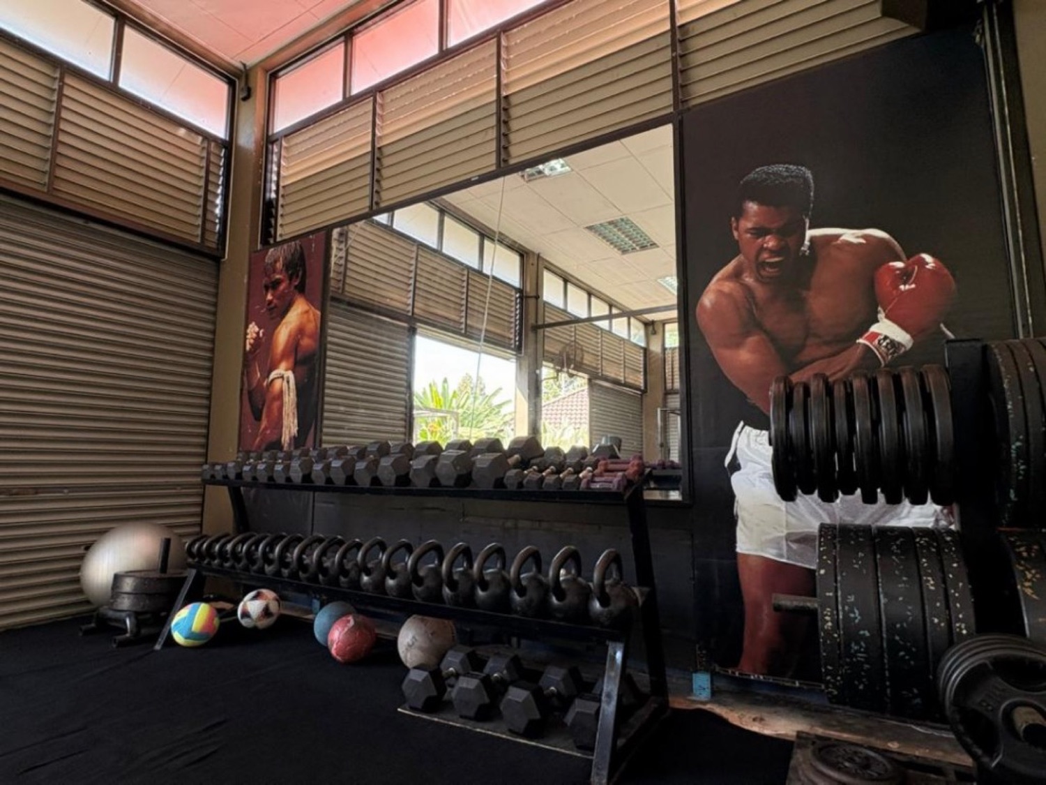Dumbbell racks, kettlebells and weight plates at Bambu Getaway gym